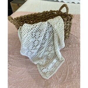 Handmade Vintage Crochet Newborn Baby Afghan Off White Loose Weave Heirloom Gift